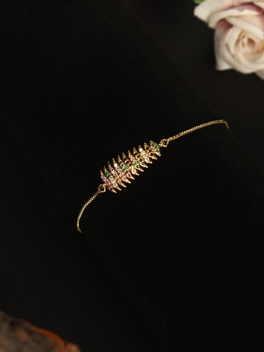 Gold-Plated Gold & Multi Cubic Zirconia Studded Brass Charm Bracelet