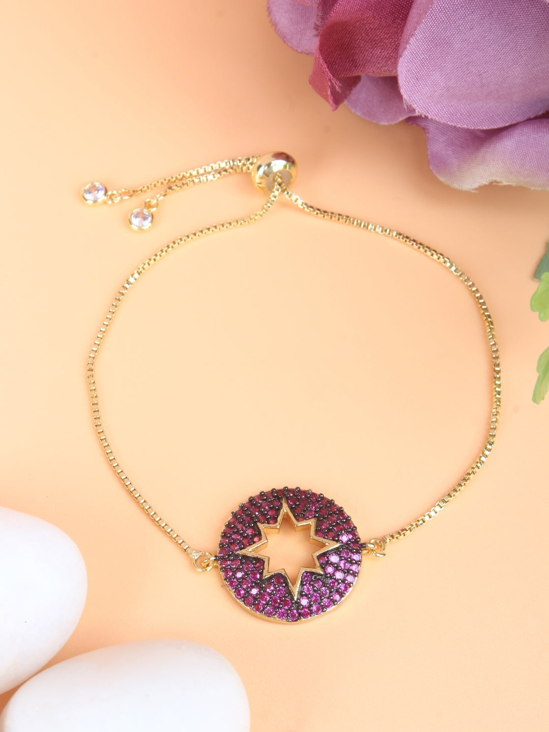 Gold-Plated Gold & Purple Cubic Zirconia Studded Brass Charm Bracelet