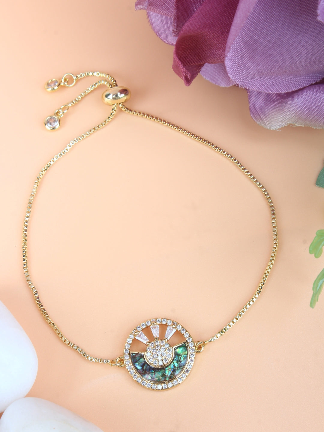 Gold-Plated Gold & Transparent Cubic Zirconia Studded Brass Charm Bracelet