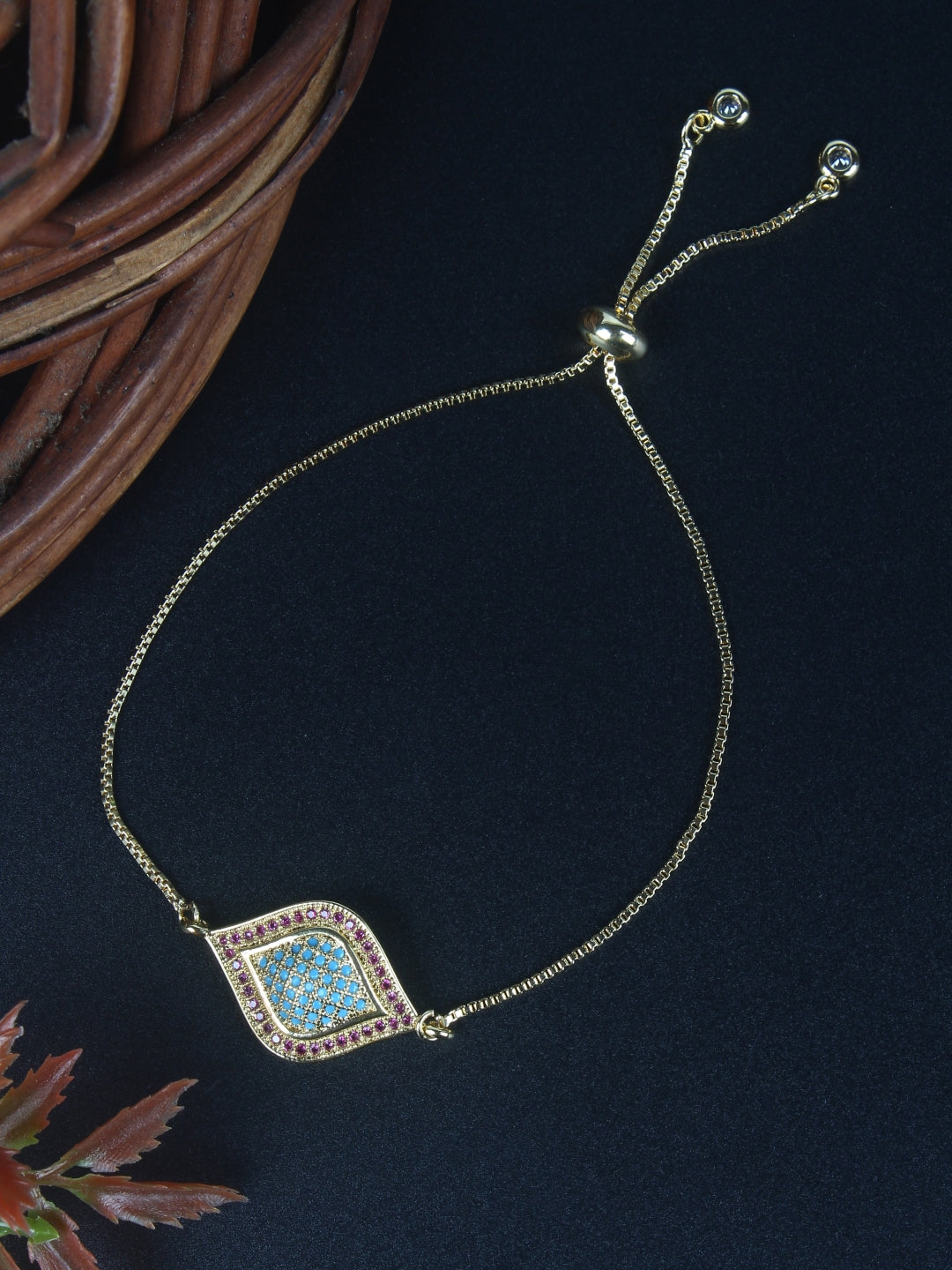 Gold-Plated Gold & Blue Cubic Zirconia Studded Brass Charm Bracelet