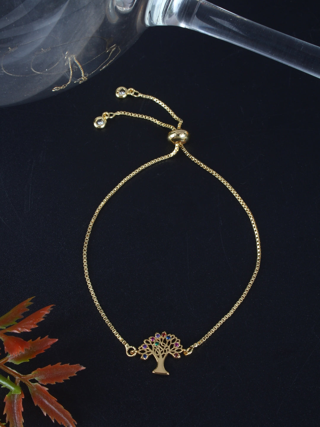 Gold-Plated Gold & Multi Cubic Zirconia Studded Brass Charm Bracelet