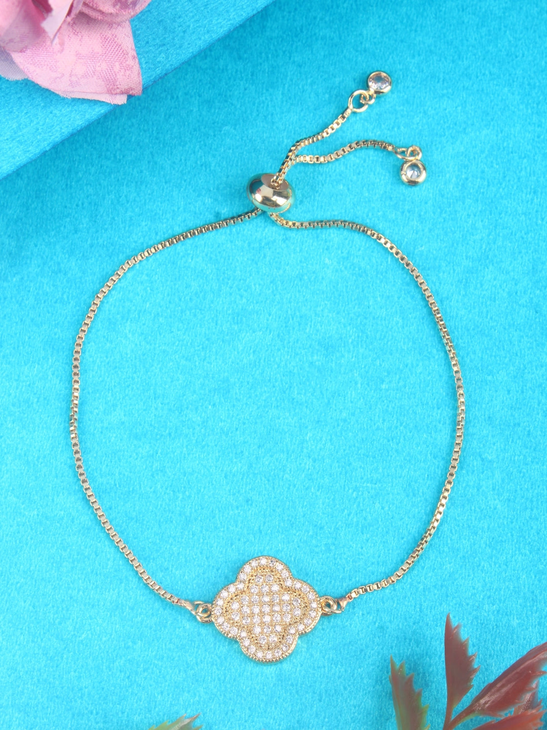 Gold-Plated Gold & Transparent Cubic Zirconia Studded Brass Charm Bracelet