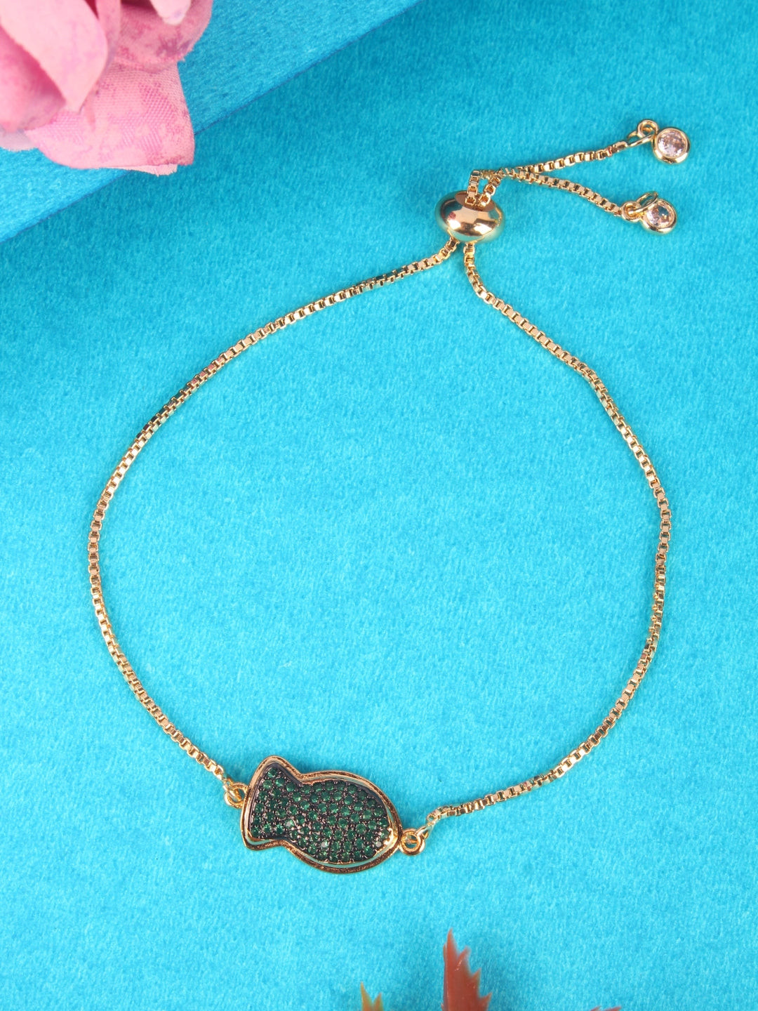 Gold-Plated Gold & Green Cubic Zirconia Studded Brass Charm Bracelet