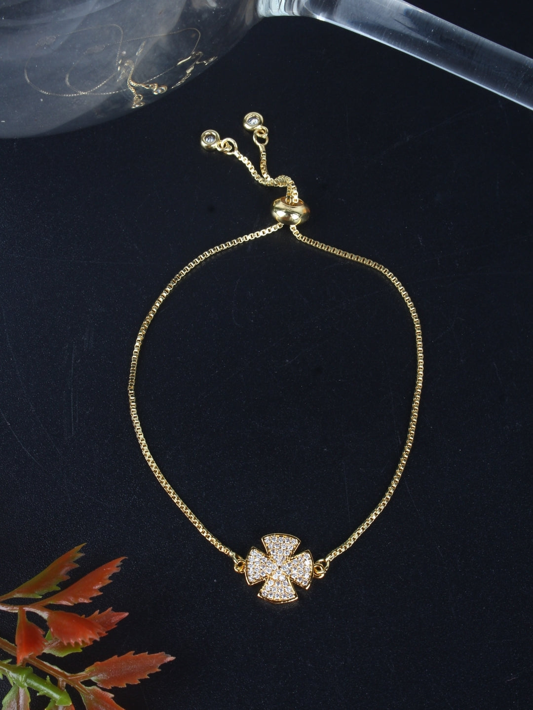 Gold-Plated Gold & Transparent Cubic Zirconia Studded Brass Charm Bracelet