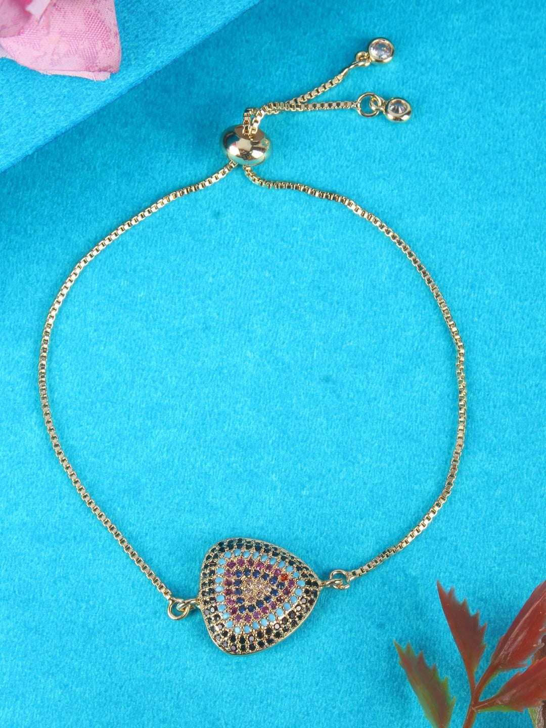 Gold-Plated Gold & Multi Cubic Zirconia Studded Brass Charm Bracelet