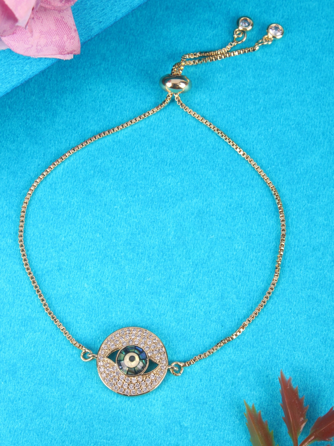 Gold-Plated Gold & Transparent Cubic Zirconia Studded Brass Charm Bracelet