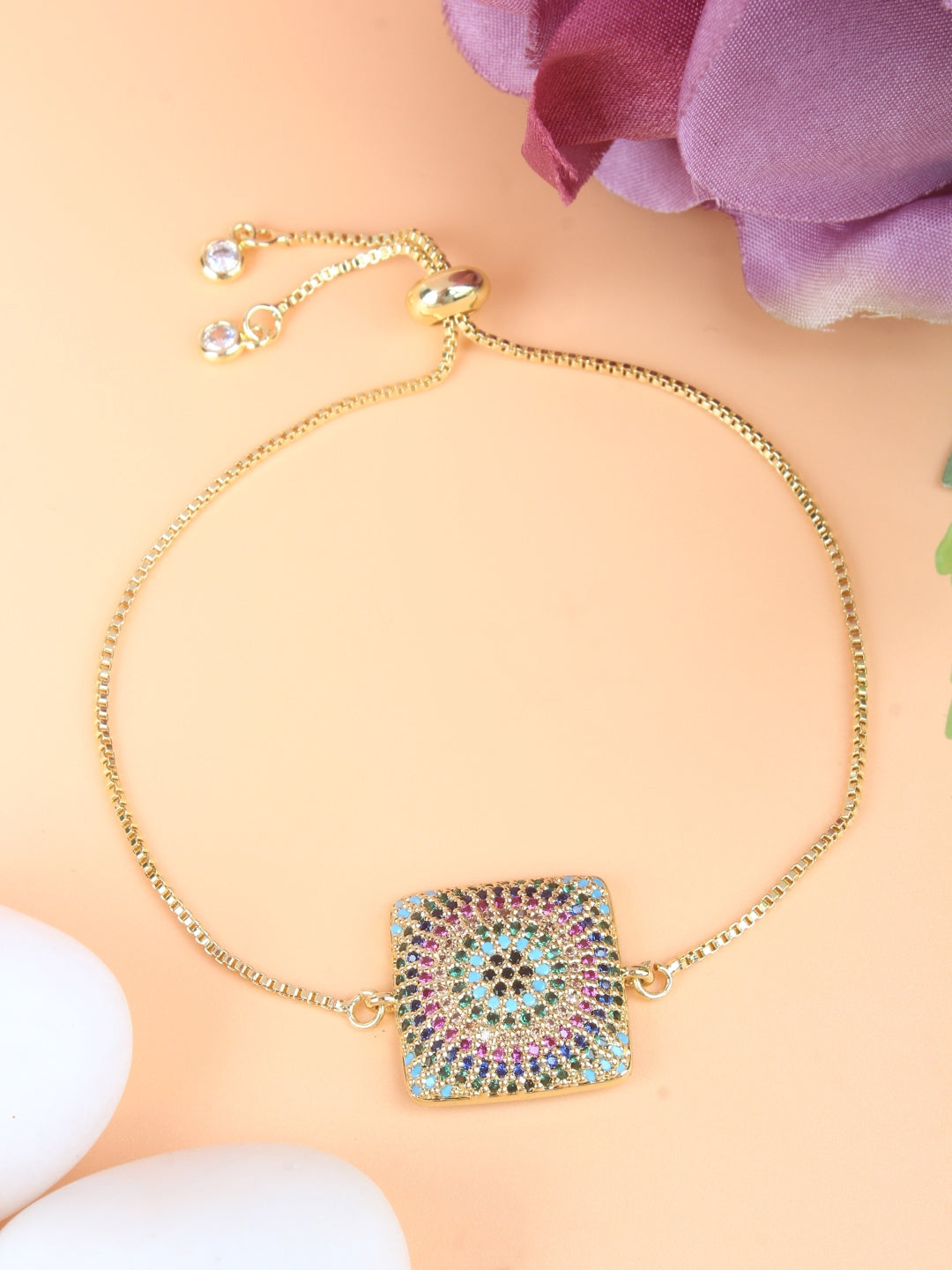 Gold-Plated Gold & Multi Cubic Zirconia Studded Brass Charm Bracelet