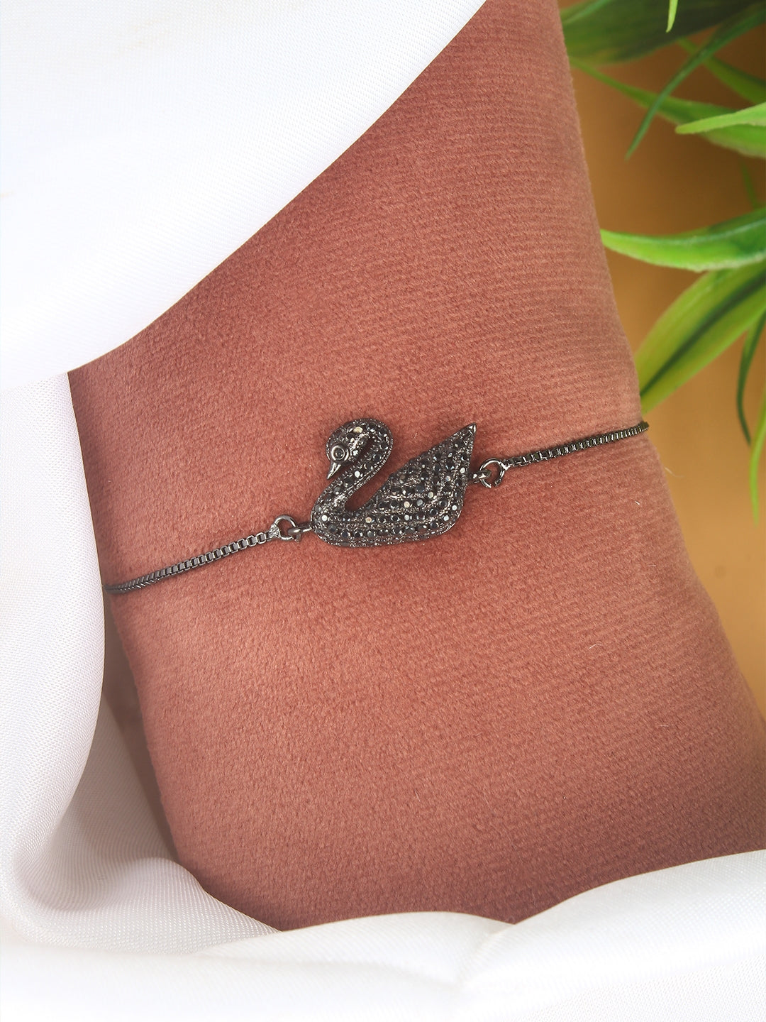 Black & Brass Cubic Zirconia Brass-Plated Handcrafted Charm Bracelet