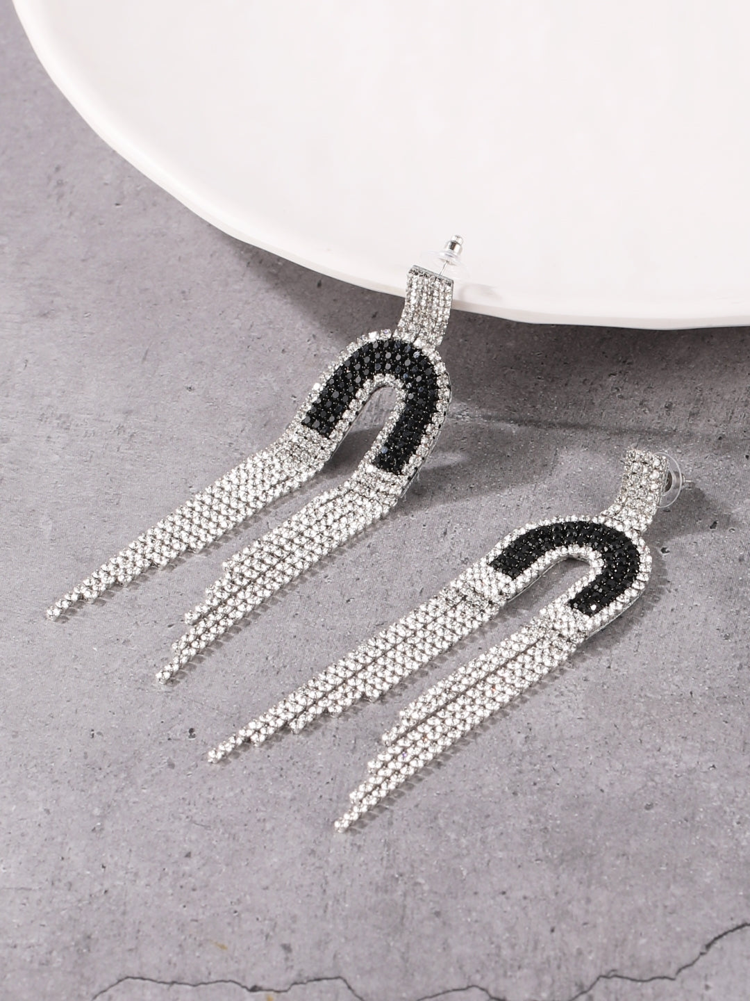 Silver-Plated Silver Rhinestone Studded Brass Handcrafted Drop Earrings