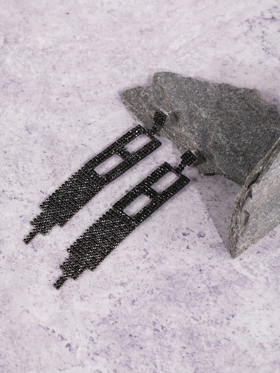 Brass-Plated Black Rhinestone Studded Brass Handcrafted Drop Earrings