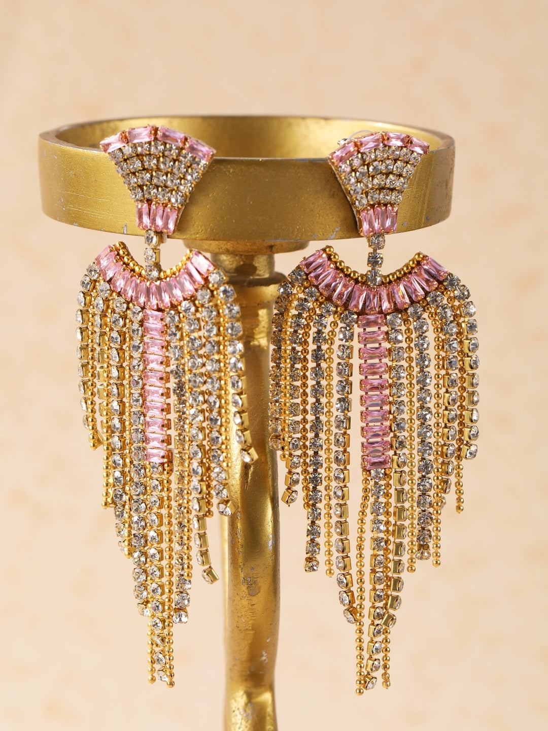 Gold-Plated Gold Rhinestone Studded Brass Handcrafted Drop Earrings