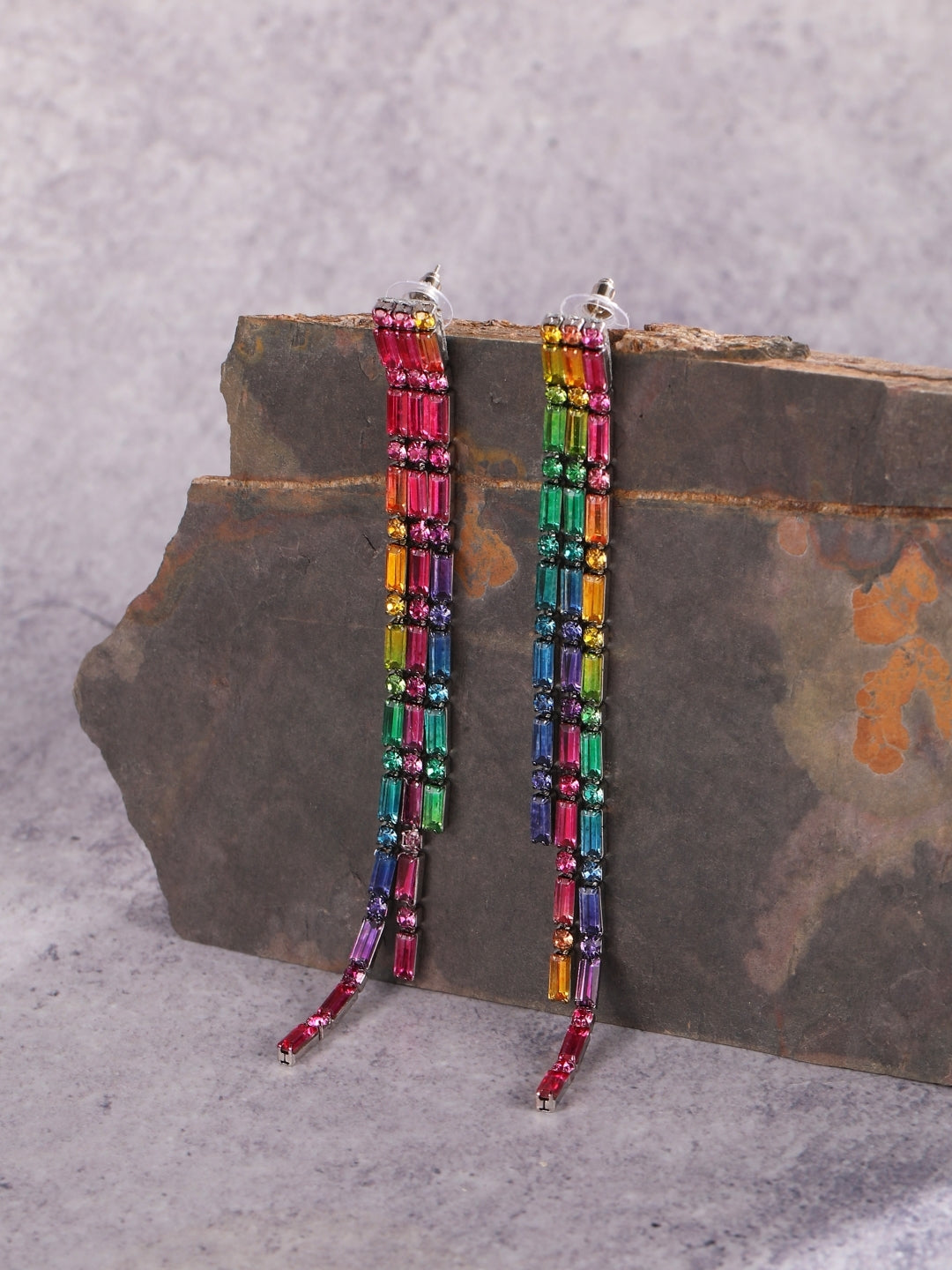 Silver-Plated Silver Rhinestone Studded Brass Handcrafted Drop Earrings