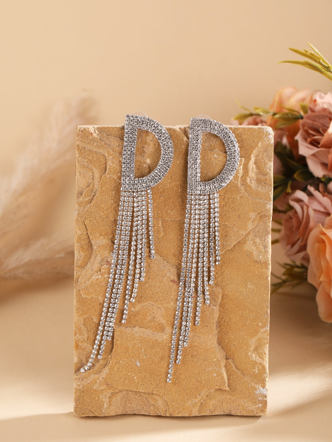 Silver-Plated Silver Rhinestone Studded Brass Handcrafted Drop Earrings