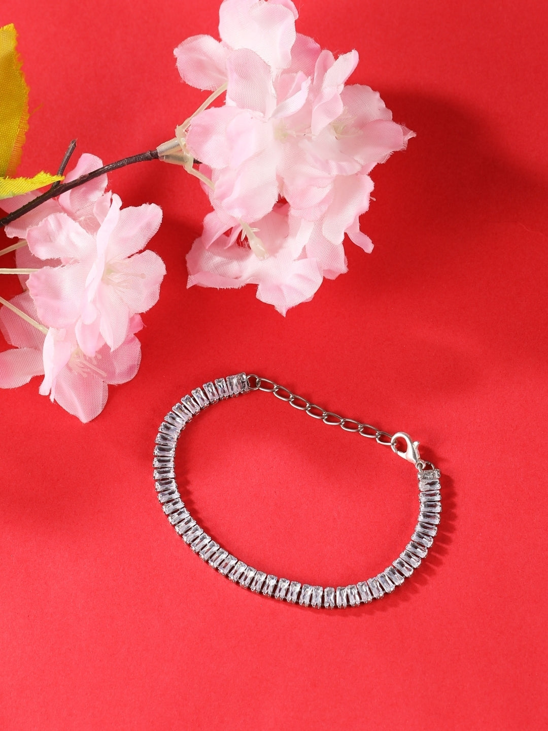 Silver-Plated Silver & Transparent Rhinestone Studded Handcrafted Brass Bracelet