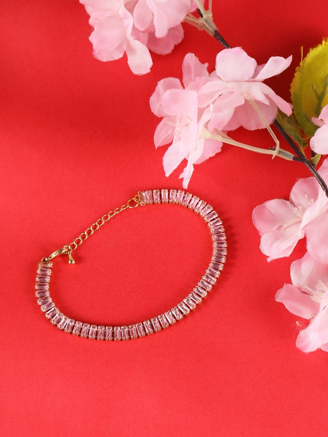 Gold-Plated Gold & Transparent Rhinestone Studded Handcrafted Brass Bracelet