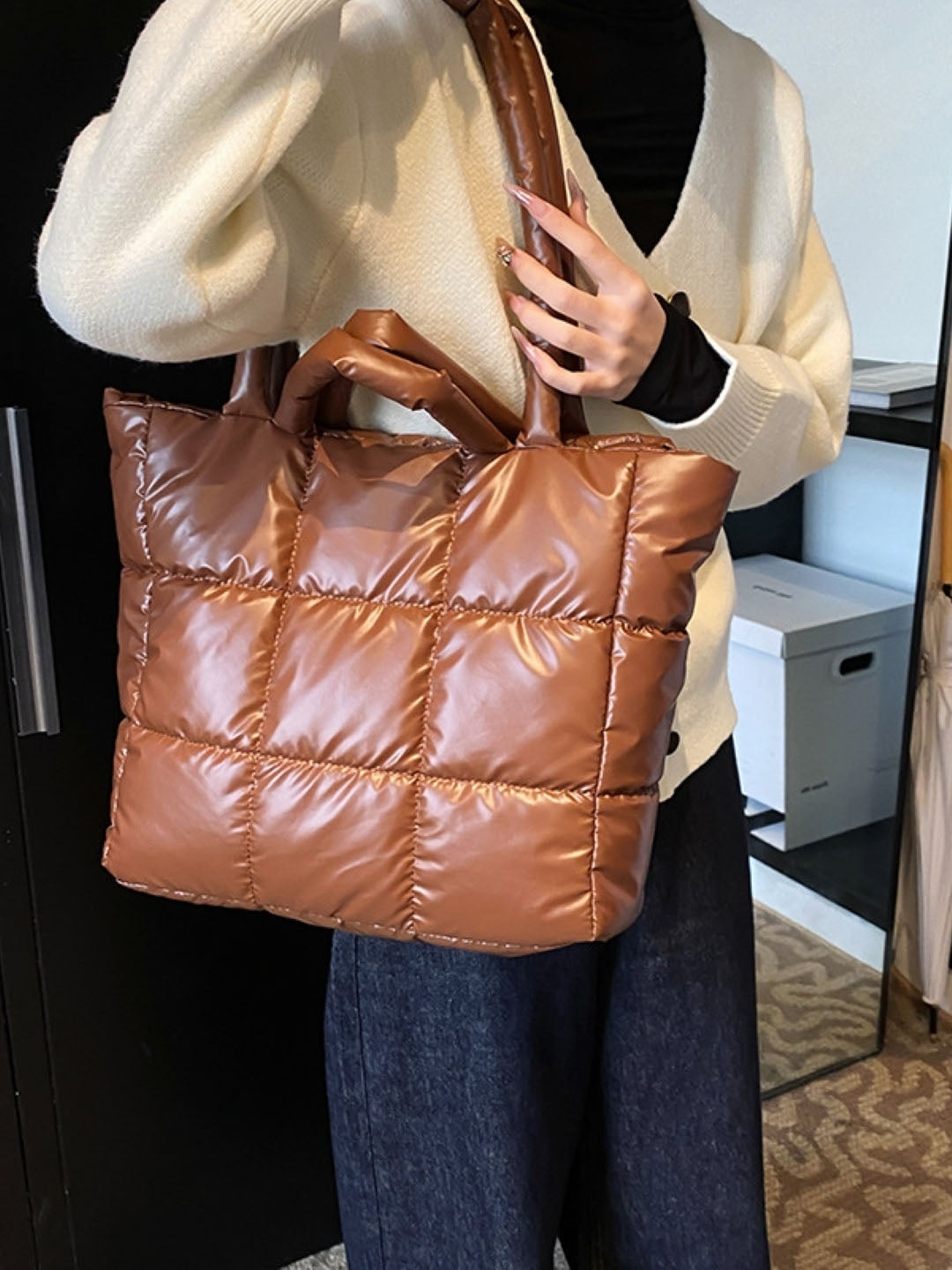 Brown Textured Two Handles Shoulder Bag