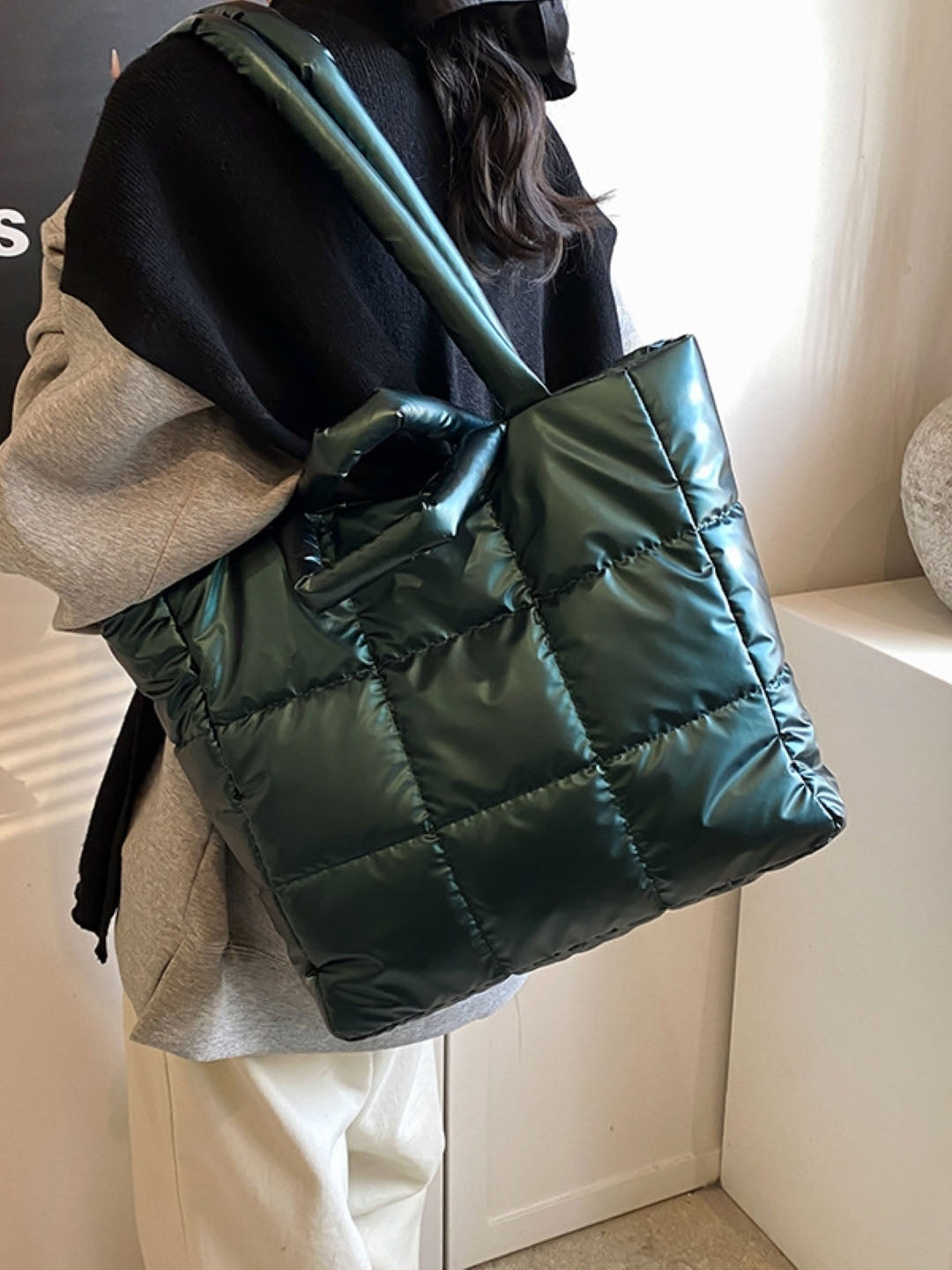 Green Textured Two Handles Shoulder Bag