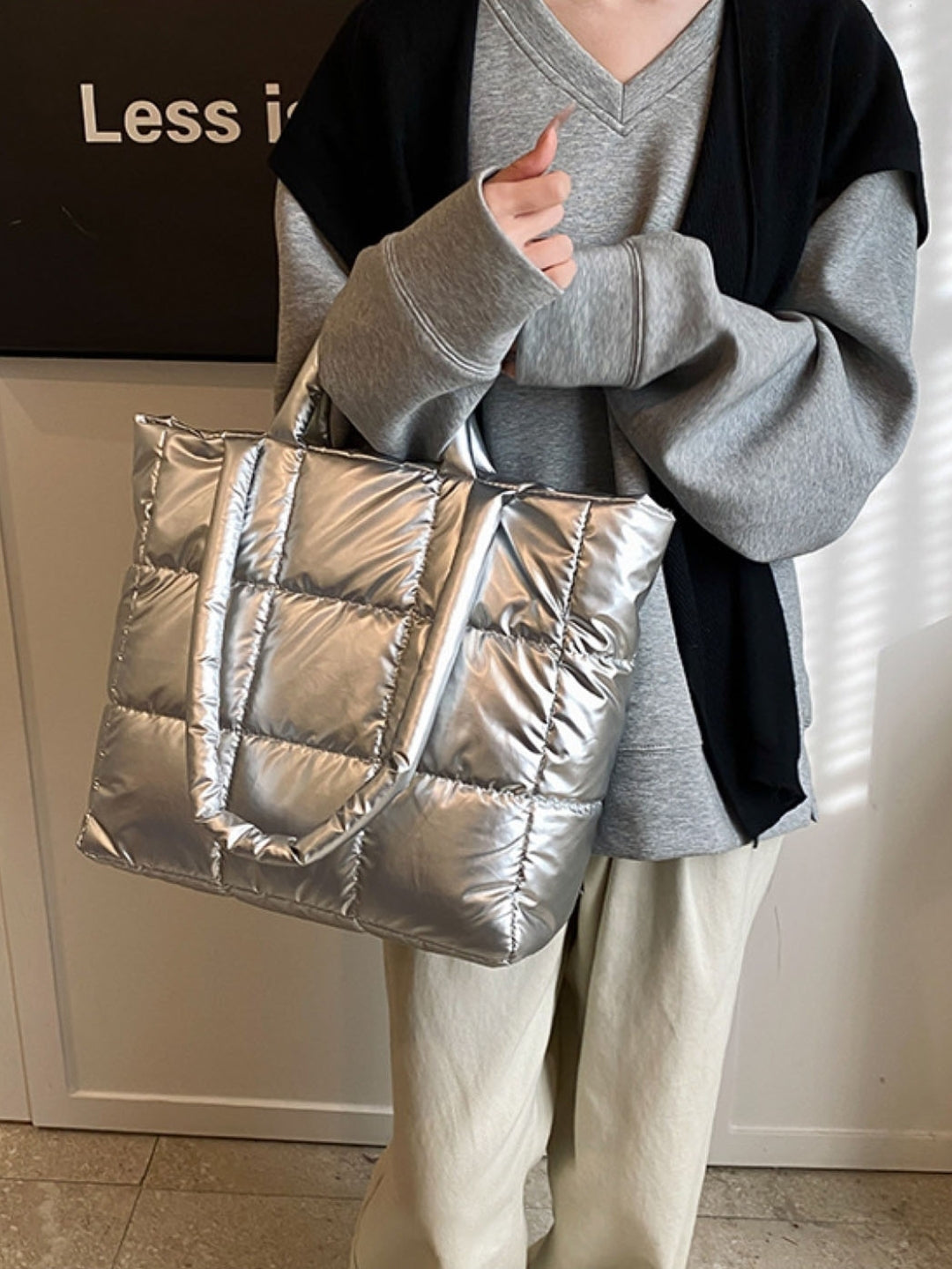Silver Textured Two Handles Shoulder Bag