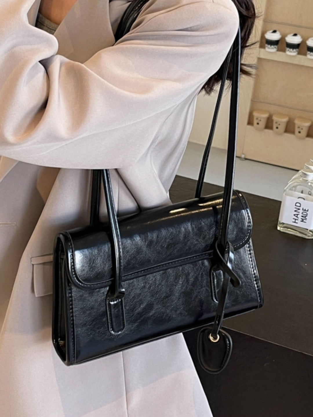 Black Solid Two Handles Shoulder Bag