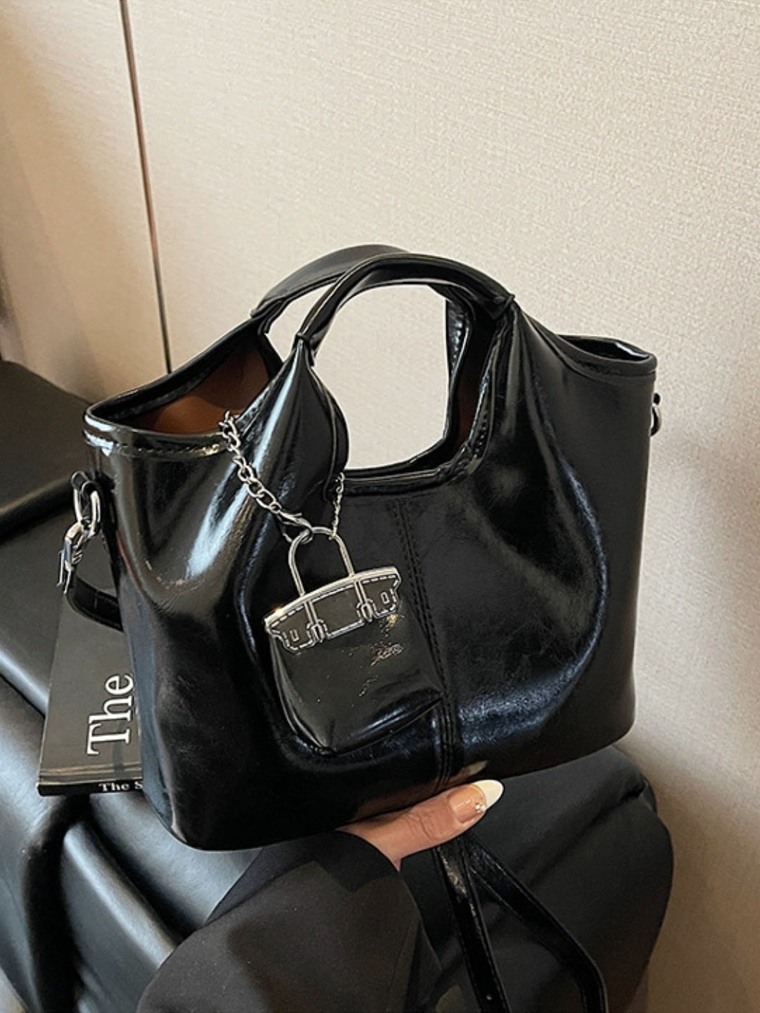 Black Solid Two Handles Sling Bag