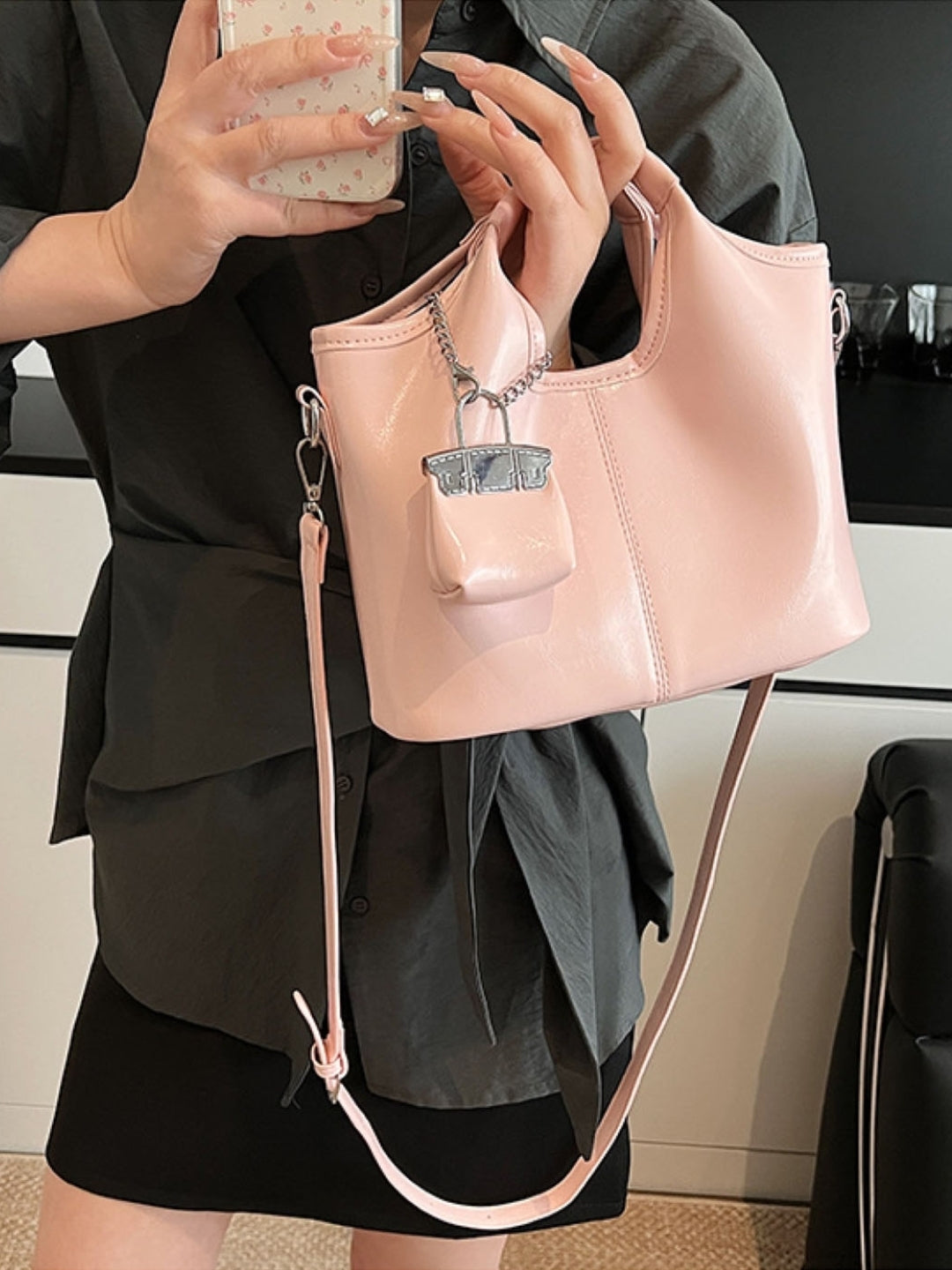 Pink Solid Two Handles Sling Bag