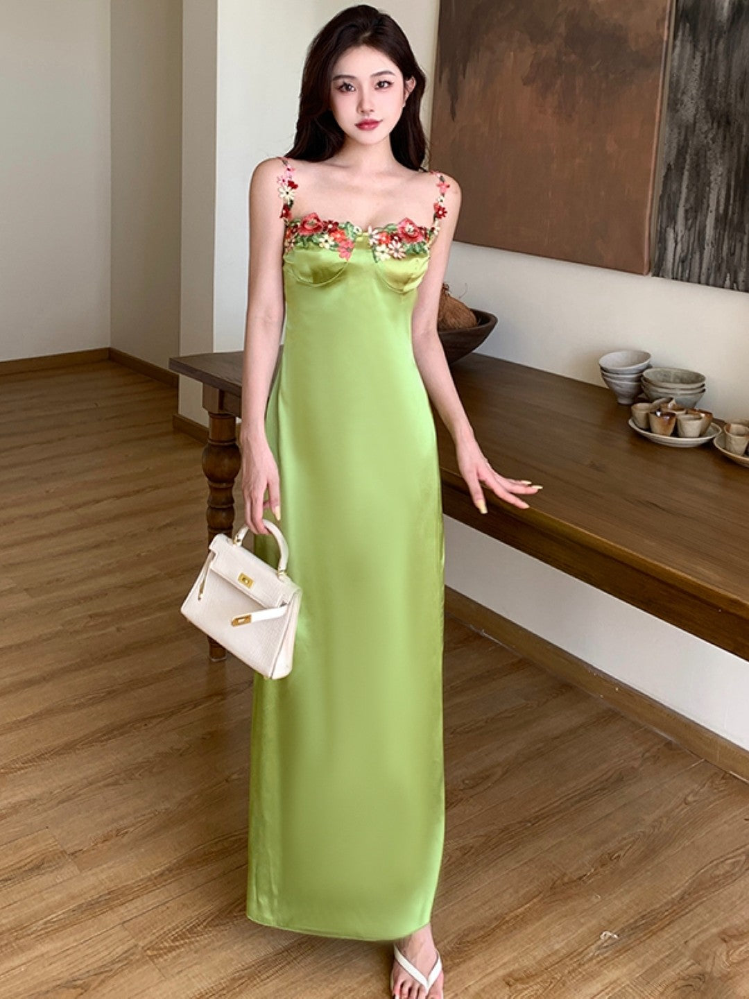 Green Shoulder Straps Floral Bodycon Sleeveless Polyester Dress