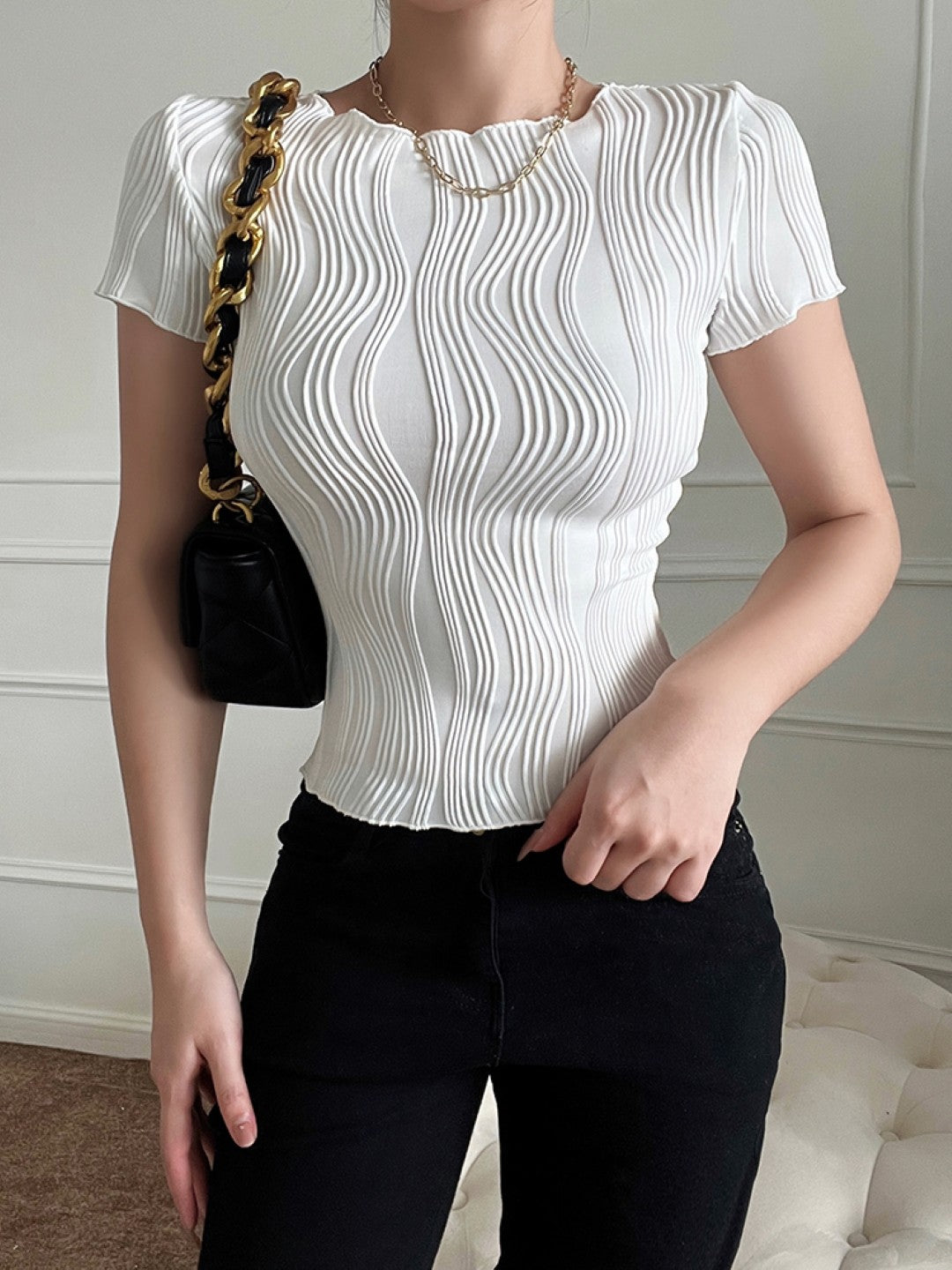 White Round Neck Solid Long Sleeves Polyester Casual Top