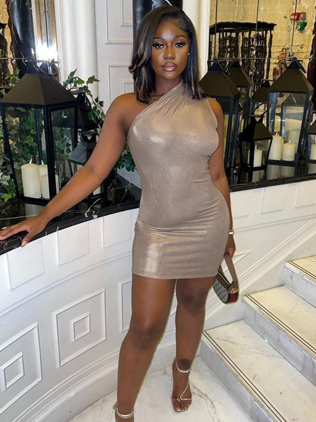 Cream One Shoulder Bodycon Sleeveless Solid Above Knee Polyester Dress