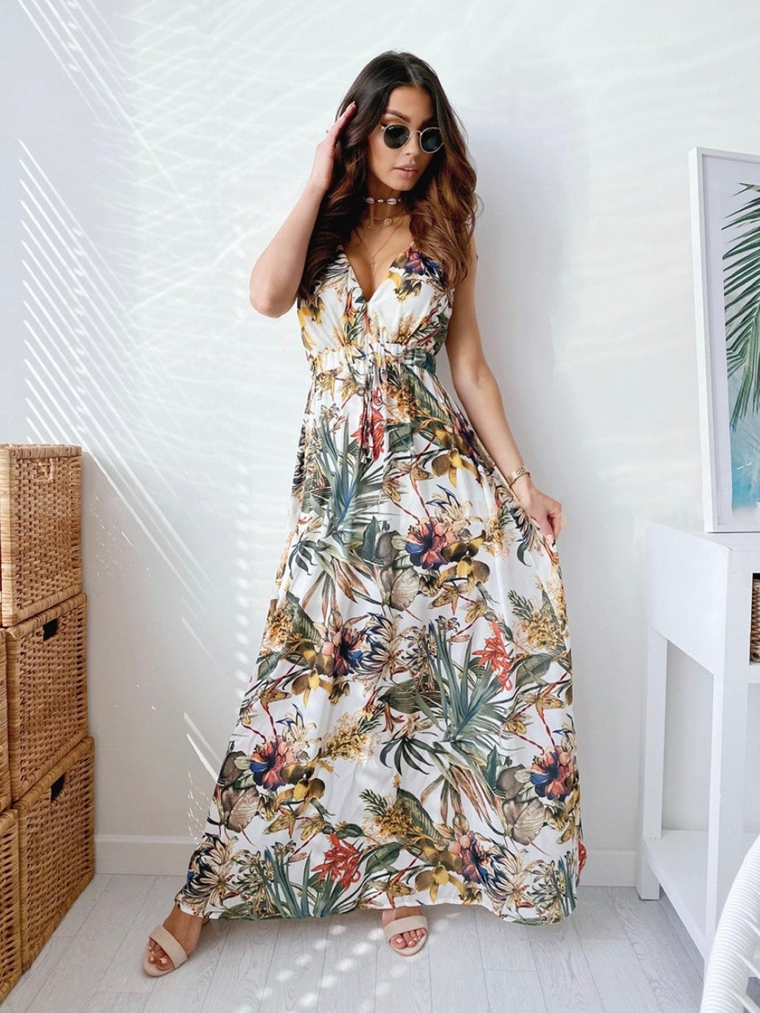 White V-Neck A-Line Sleeveless Tropical Maxi Polyester Dress