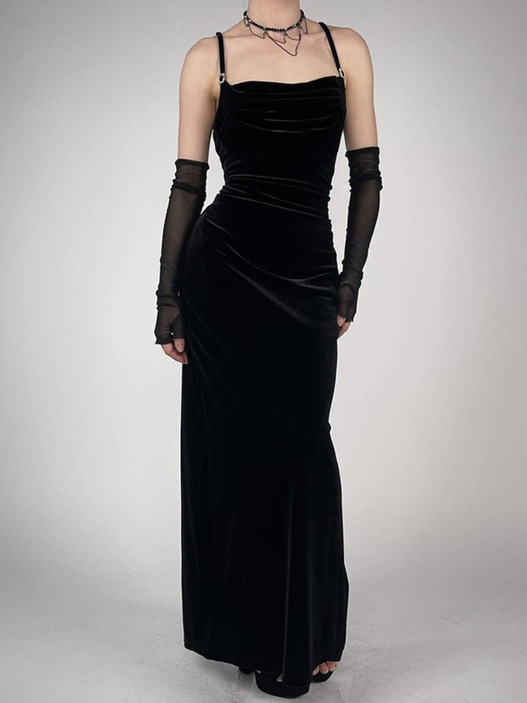 Elegant Black Velvet Maxi Dress with Sheer Gloves
