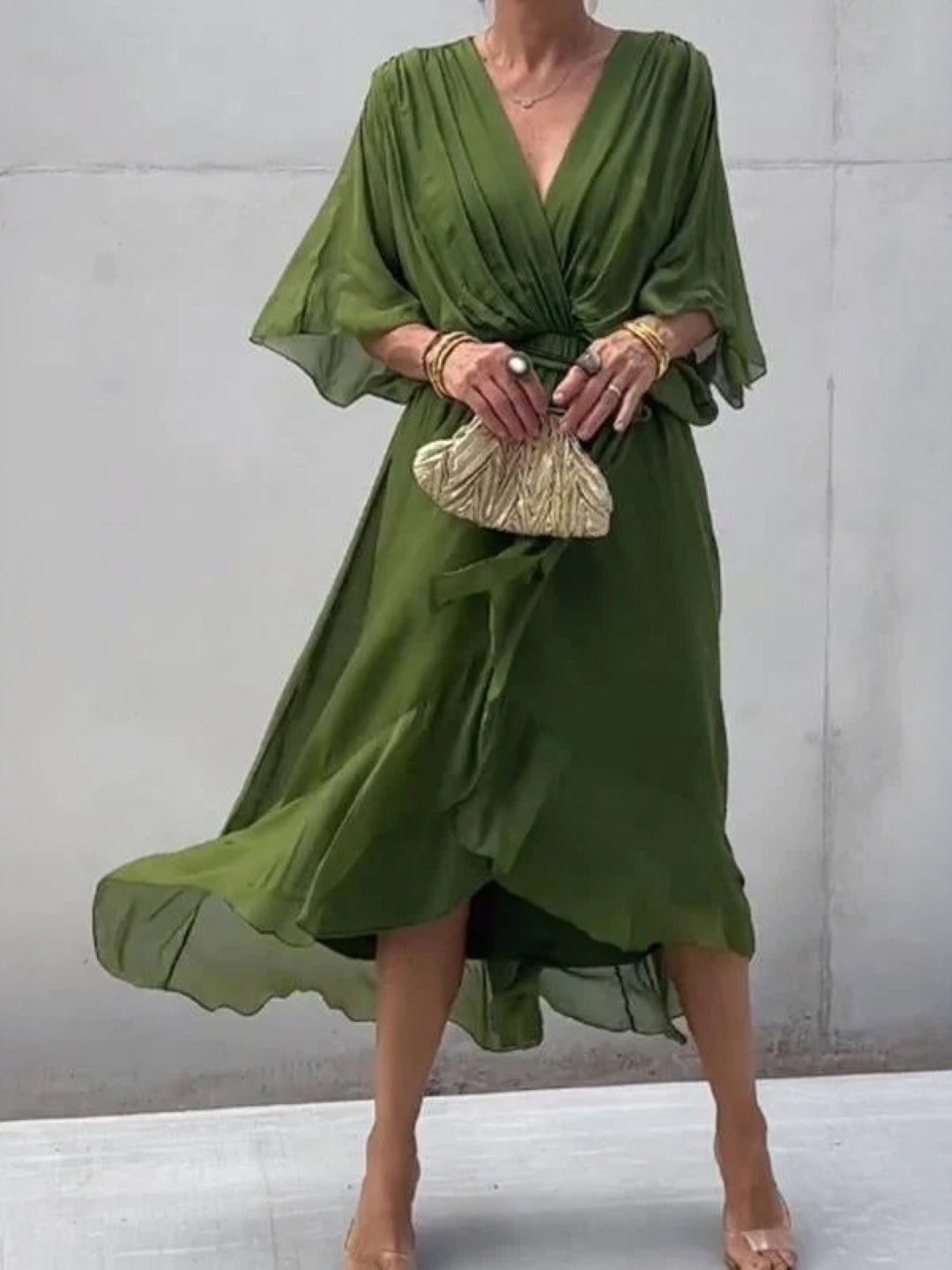Green V-Neck Midi Dress