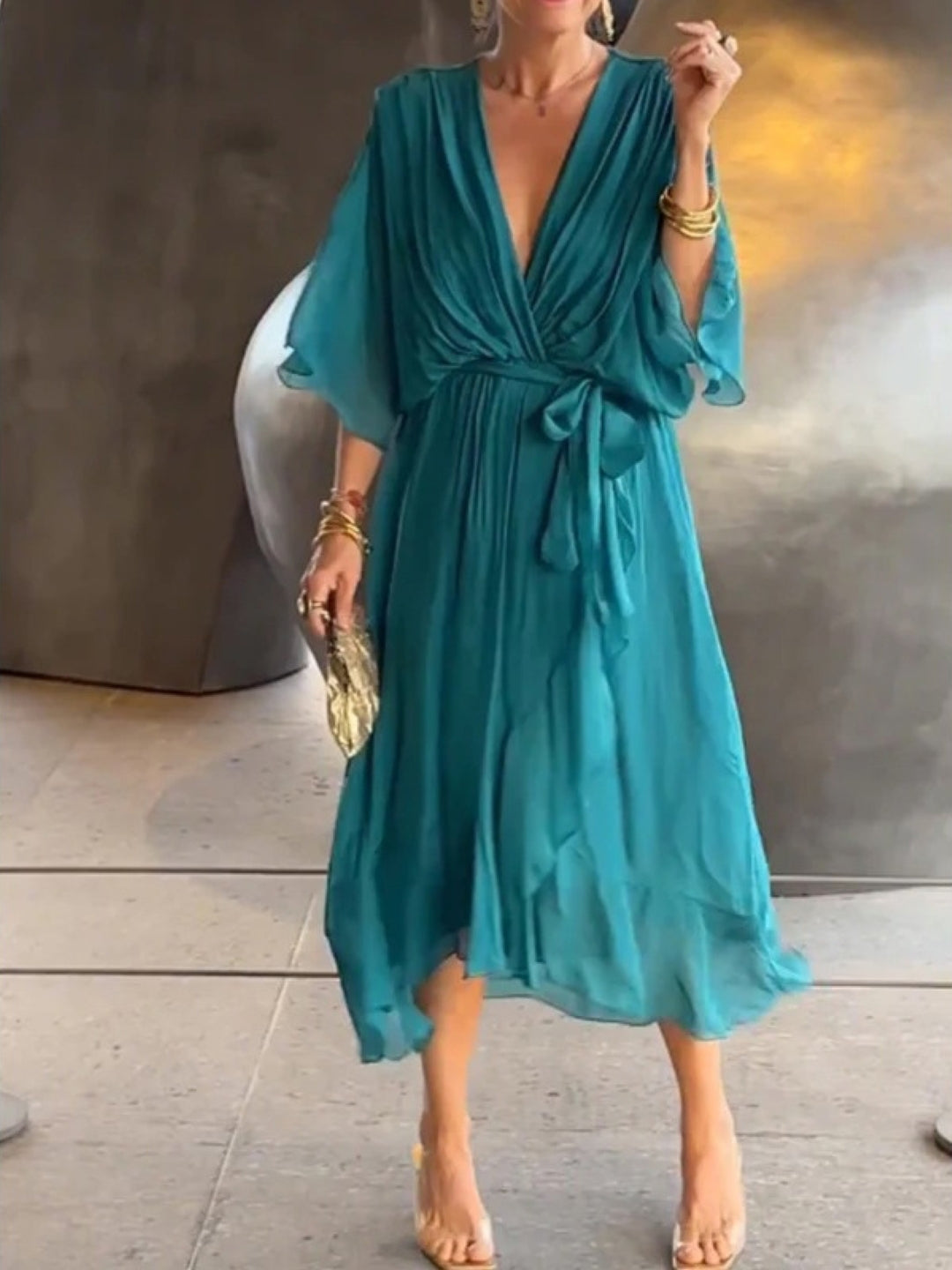 Lake Blue V-Neck Midi Dress