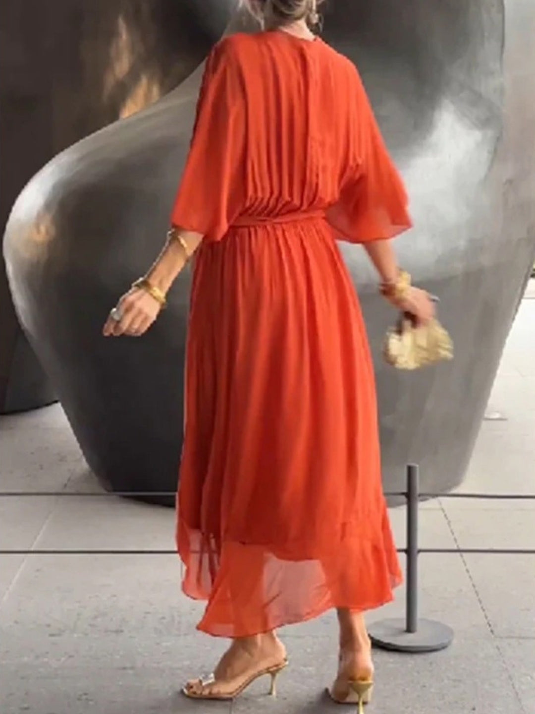 Orange V-Neck Midi Dress