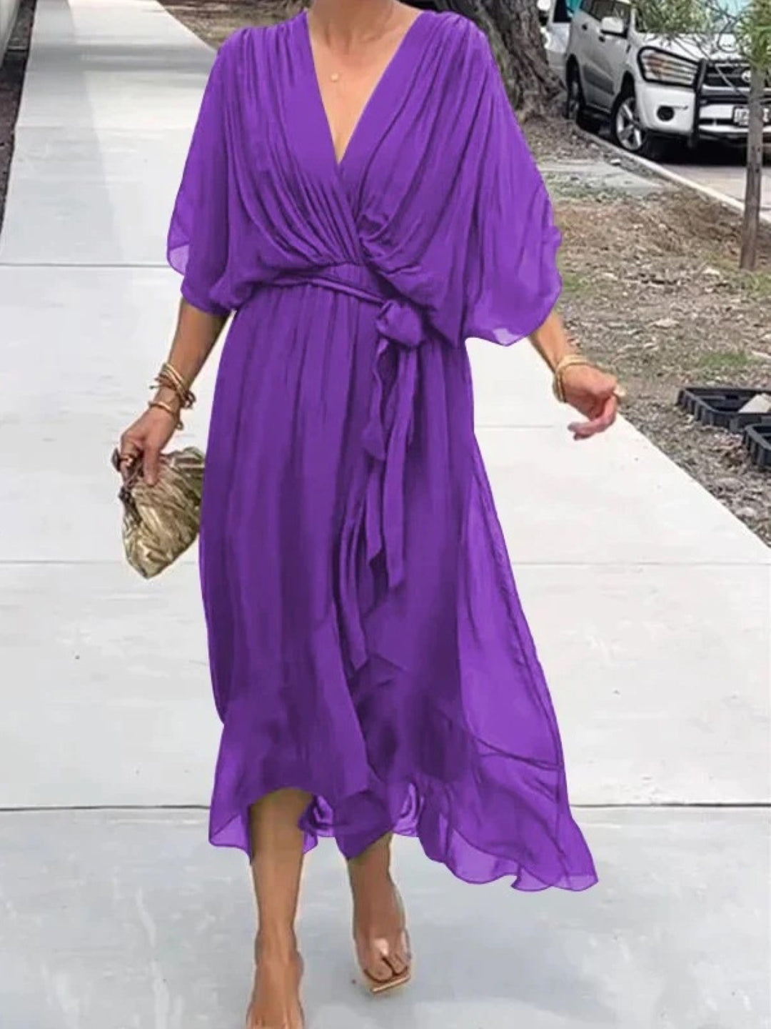 Purple V-Neck Midi Dress