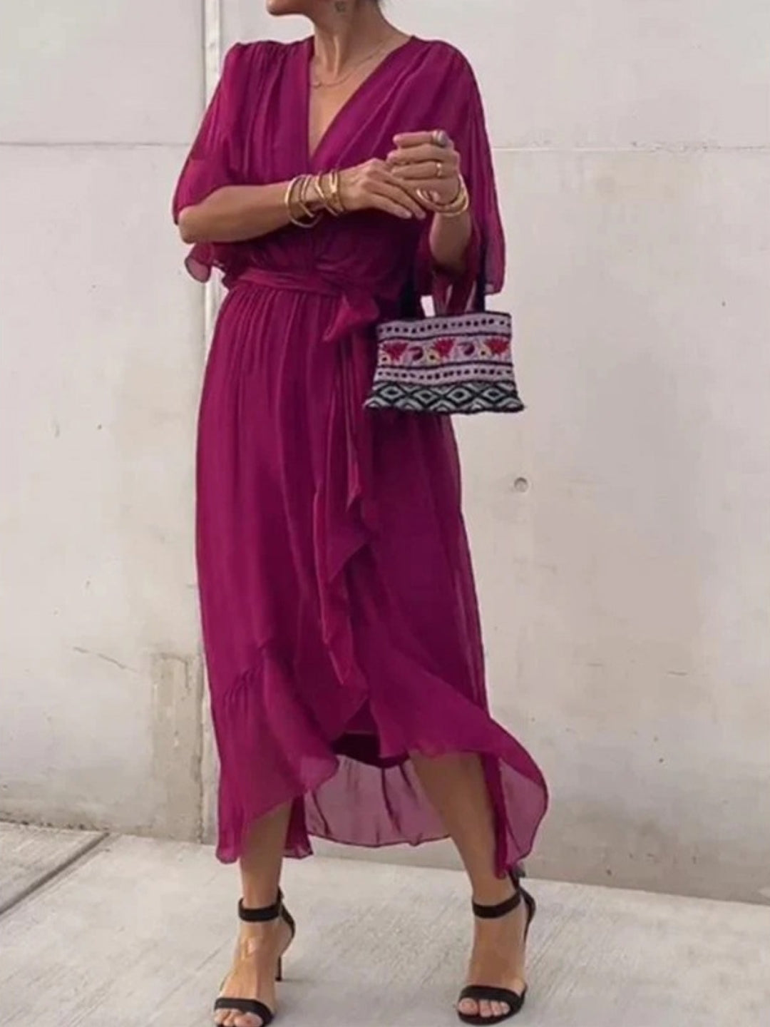 Purple Red V-Neck Midi Dress