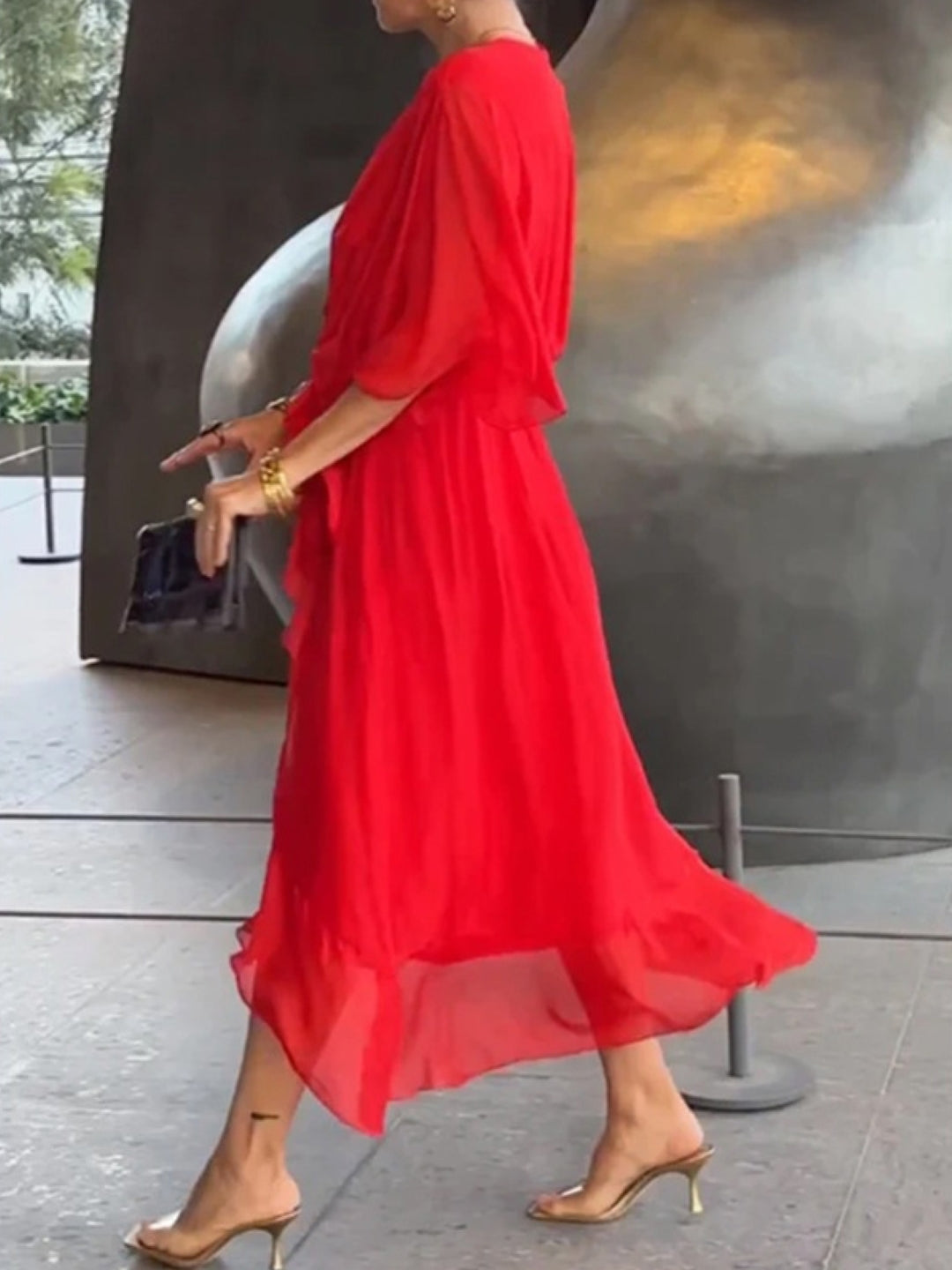 Red V-Neck Midi Dress