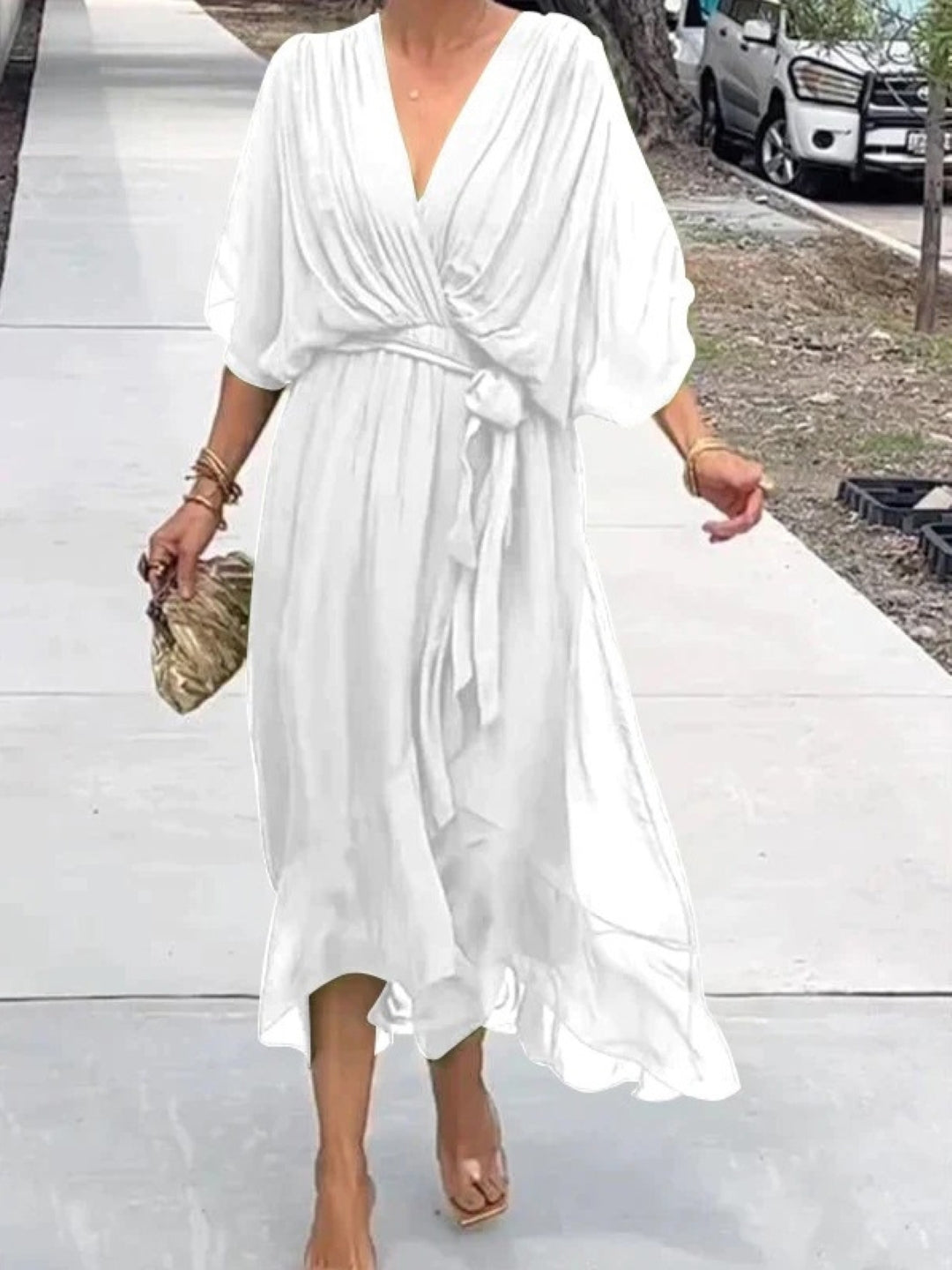 White V-Neck Wrap Midi Dress