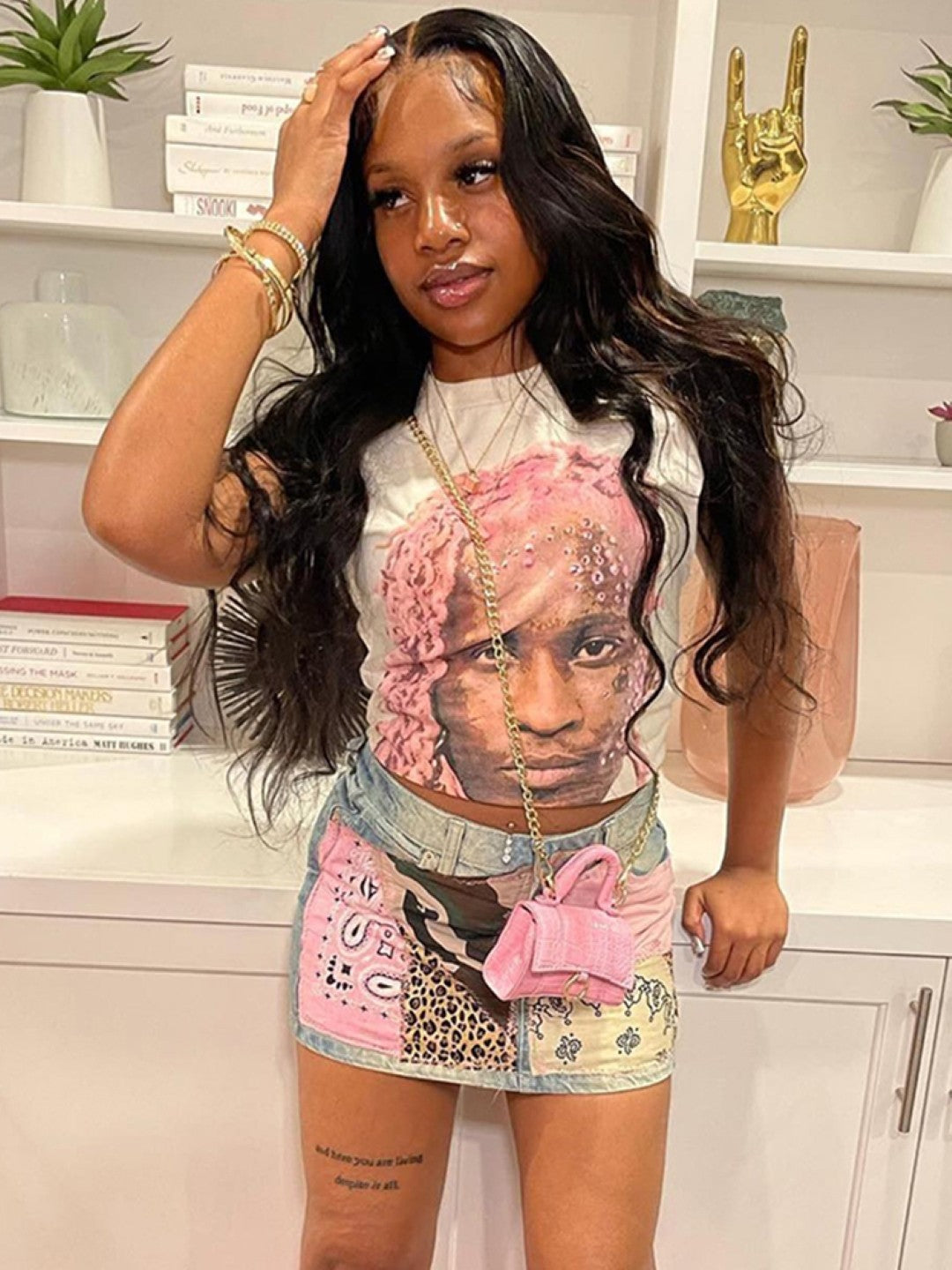 Pink Round Neck Conversational Sleeveless Polyester Casual Top