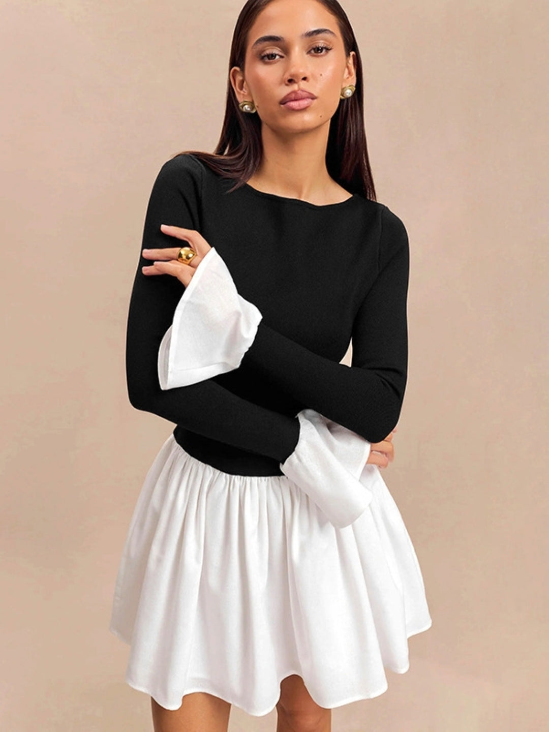 Black & White Flare Sleeve Mini Dress