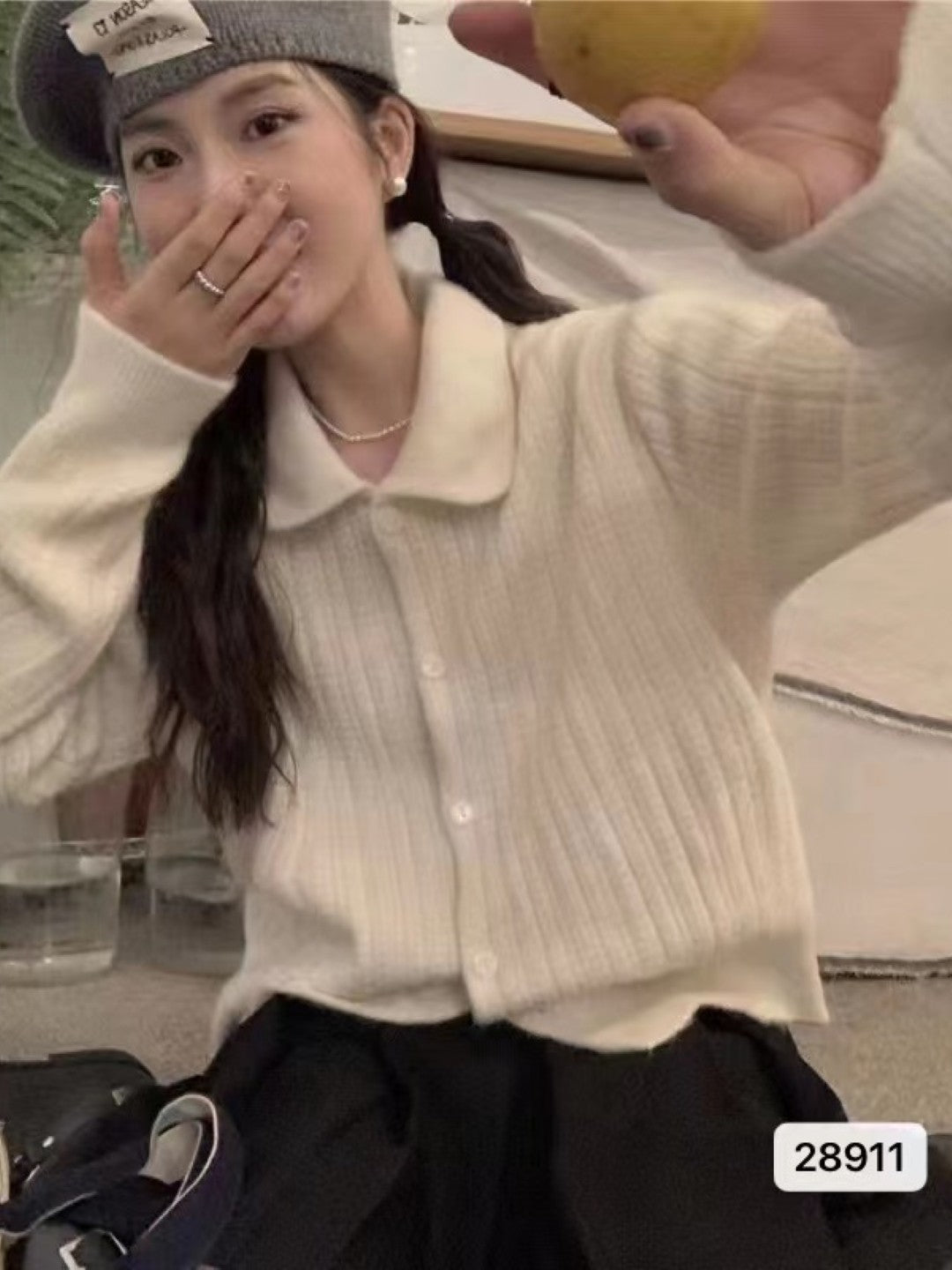 Khaki Shirt Collar Long Sleeves Solid Regular Sleeves Acrylic Top