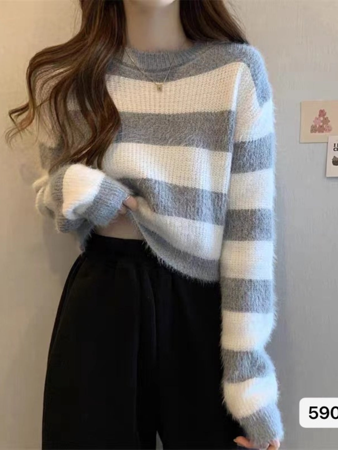 Grey Round Neck Long Sleeves Horizontal Stripes Regular Sleeves Acrylic Top