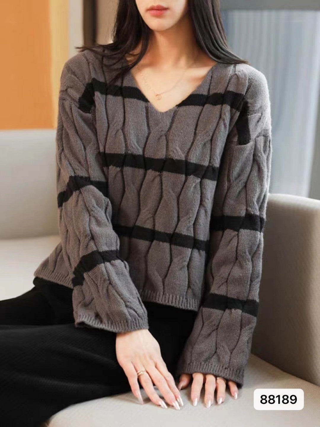 Grey V-Neck Long Sleeves Horizontal Stripes Regular Sleeves Acrylic Top