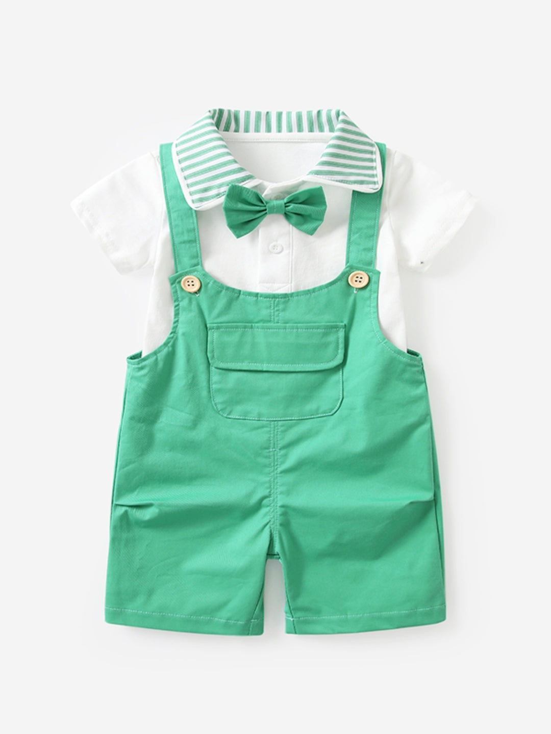 Green Shirt Collar Short Sleeves Cotton Blend Top & Trousers Set