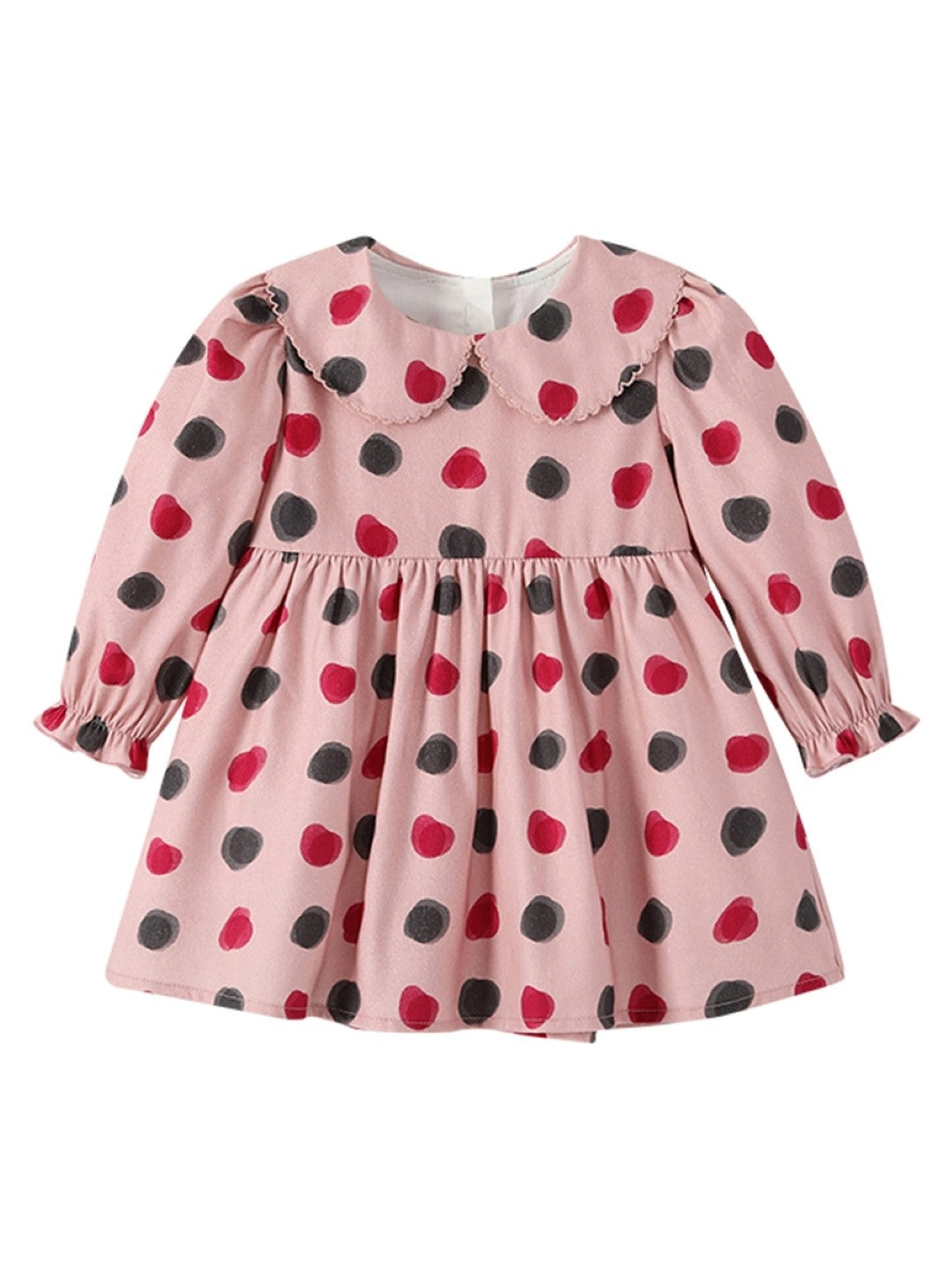 Pink Round Neck Casual A-Line Polka Dots Long Sleeves Knee Length Cotton Dress