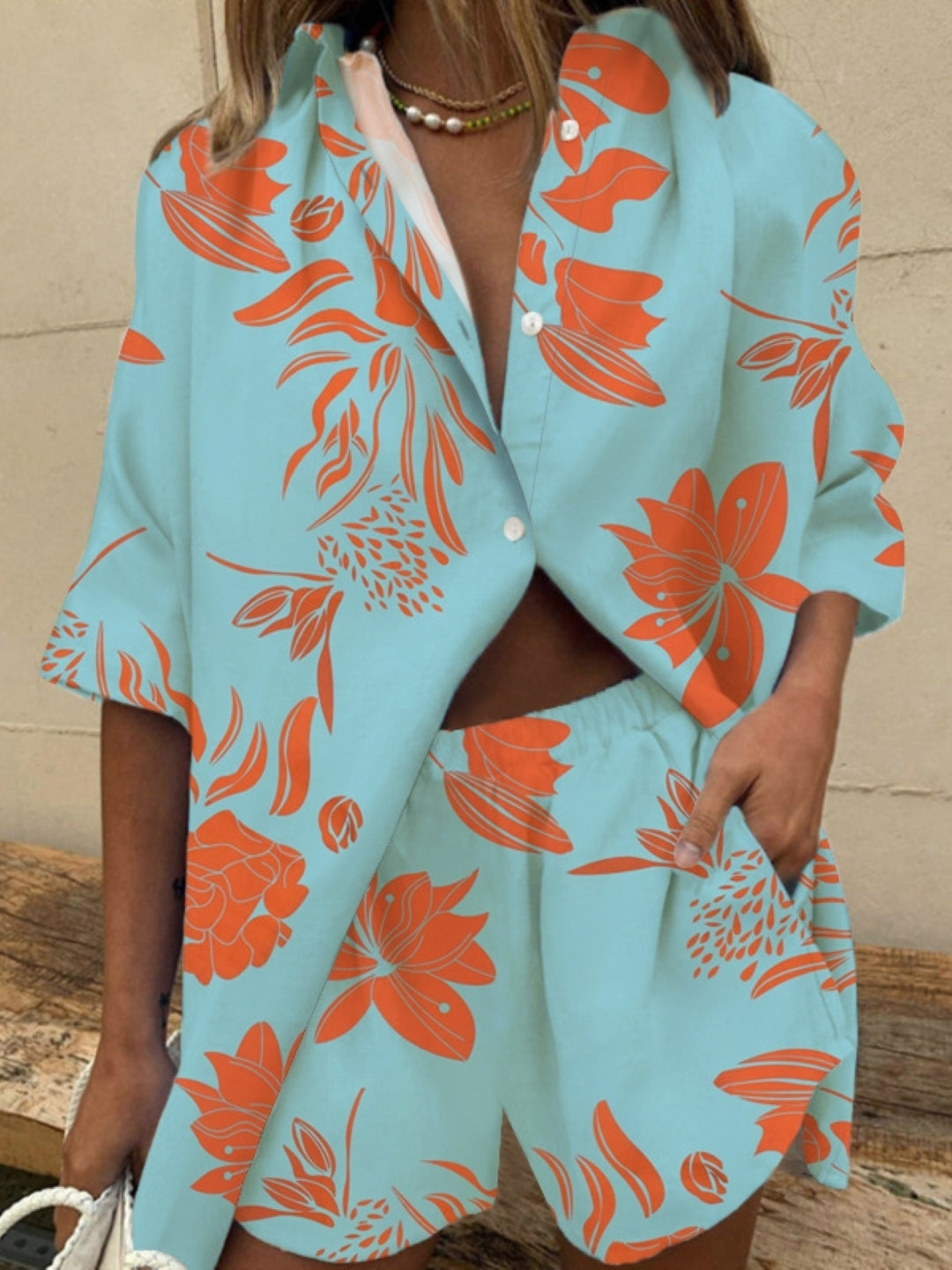 Blue Shirt Collar Polyester Short Sleeves Printed Top & Shorts Set