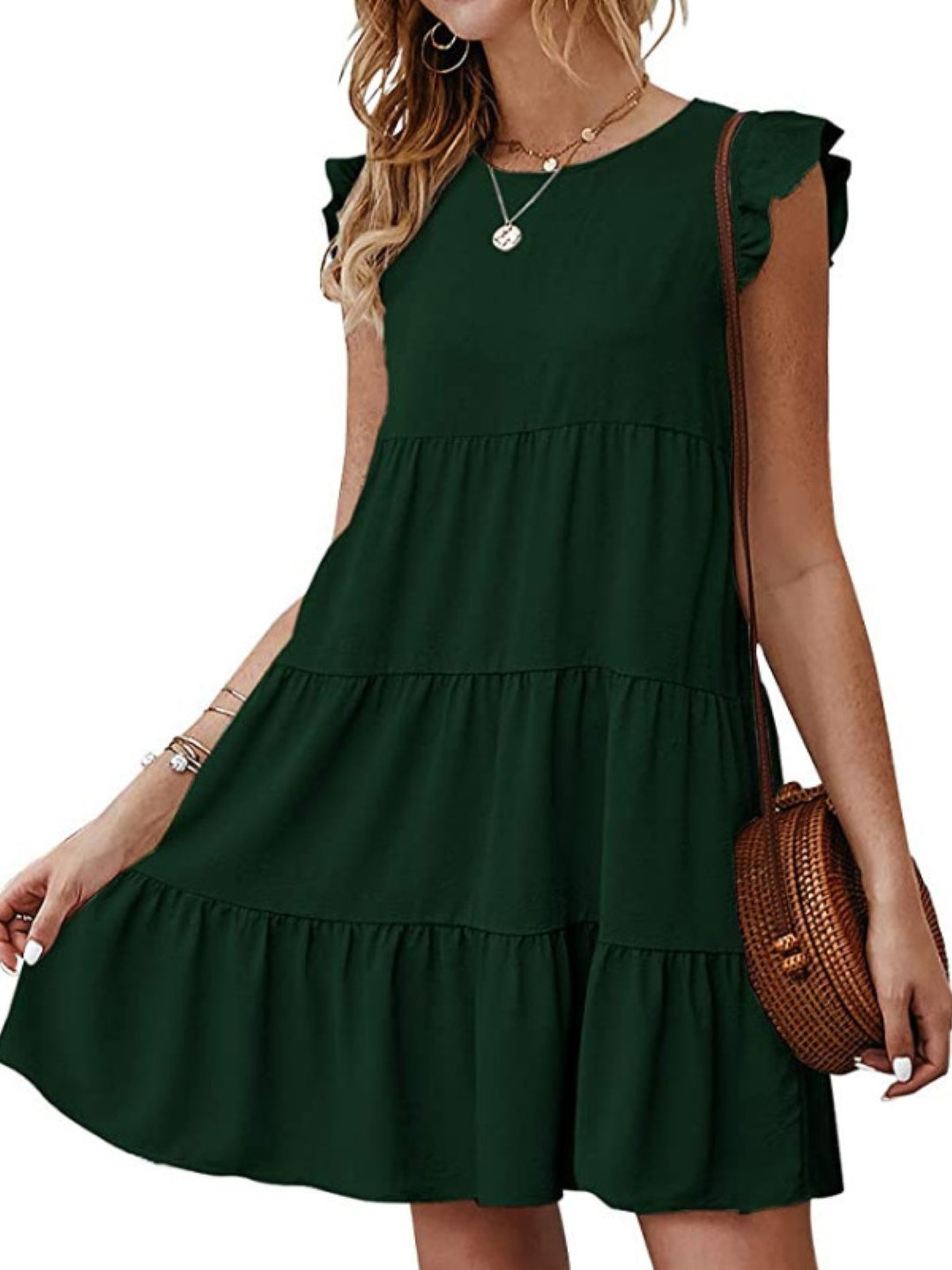 Dark Green Round Neck A-Line Party Solid Sleeveless Above Knee Polyester Dress