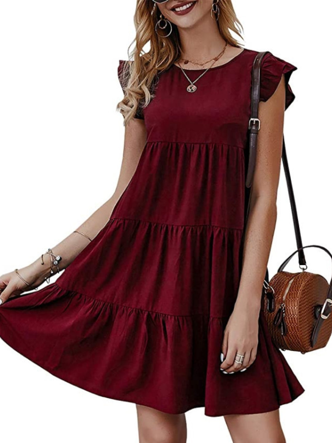 Dark Red Round Neck A-Line Party Solid Sleeveless Above Knee Polyester Dress