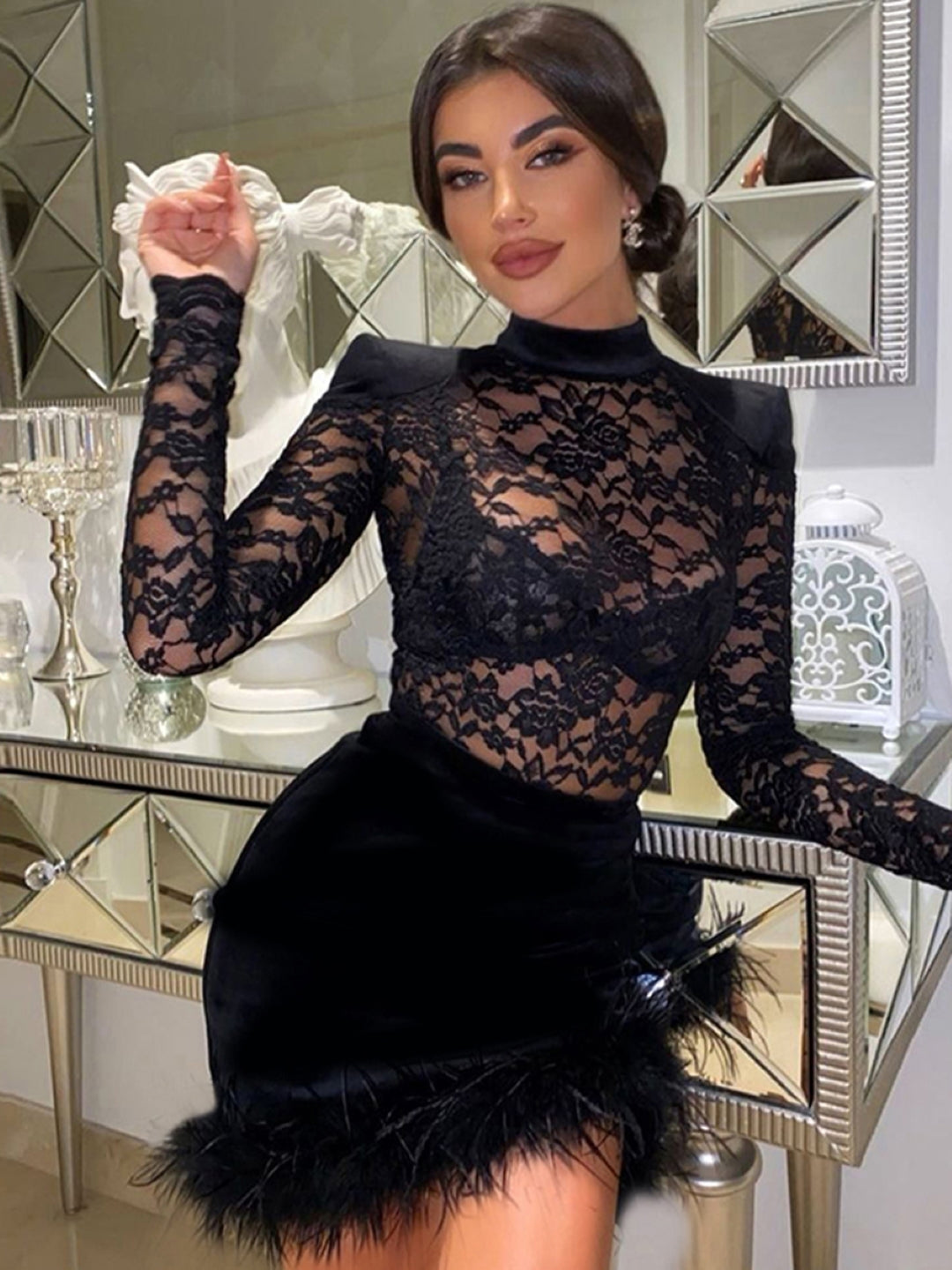 Black Round Neck Solid Long Sleeves Above Knee A-Line Polyester Dress