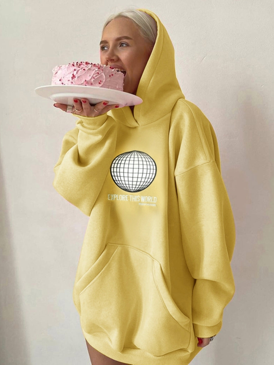 Yellow Hood Long Sleeves Typography Pullover Polyester Hoodie