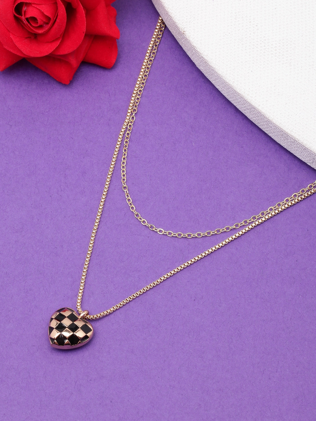 Gold-Plated Black Heart Shaped Multi-Layered Minimal Necklace